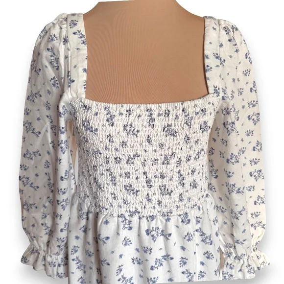 HOUSE OF HARLOW 1960 Smocked linen blend floral midi dress white blue size L - Picture 5 of 12